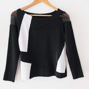 Donna Karan New York Abstract Black and White Colorblock and Mesh 3/4 Sleeve Top